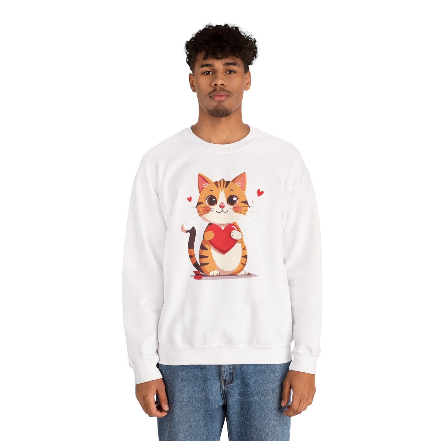 Cat Heart Sweatshirt Unisex Fifty Fifty Cotton Polyester Crewneck Valentines Day Gildan 18000