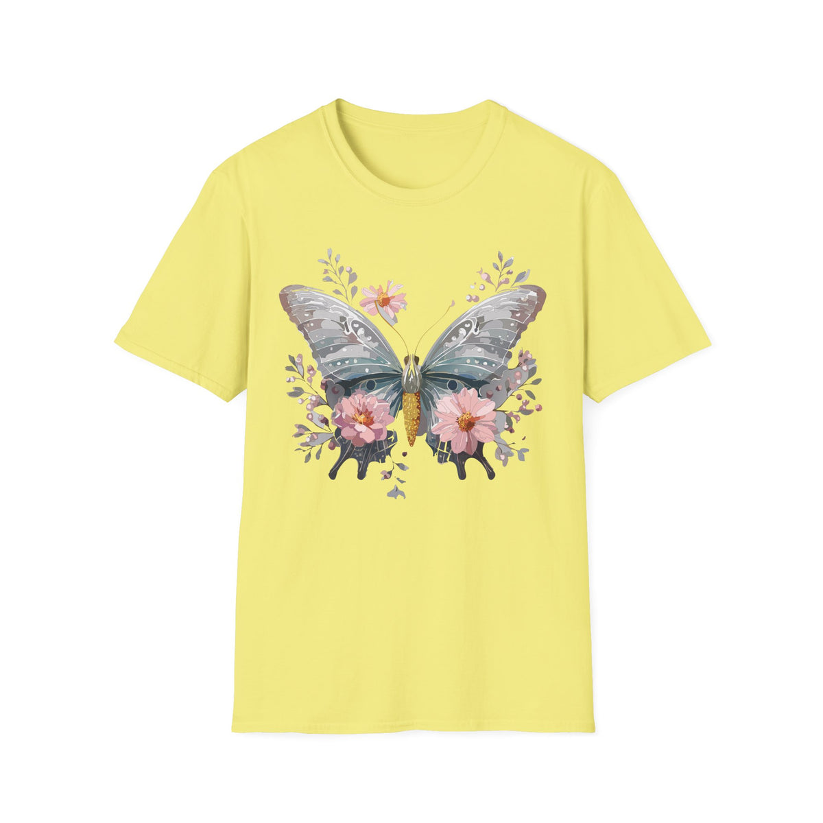 Butterfly Floral T‑Shirt — Watercolor Moth & Pink Flowers Graphic Tee Unisex 100 Cotton Gildan T-Shirt