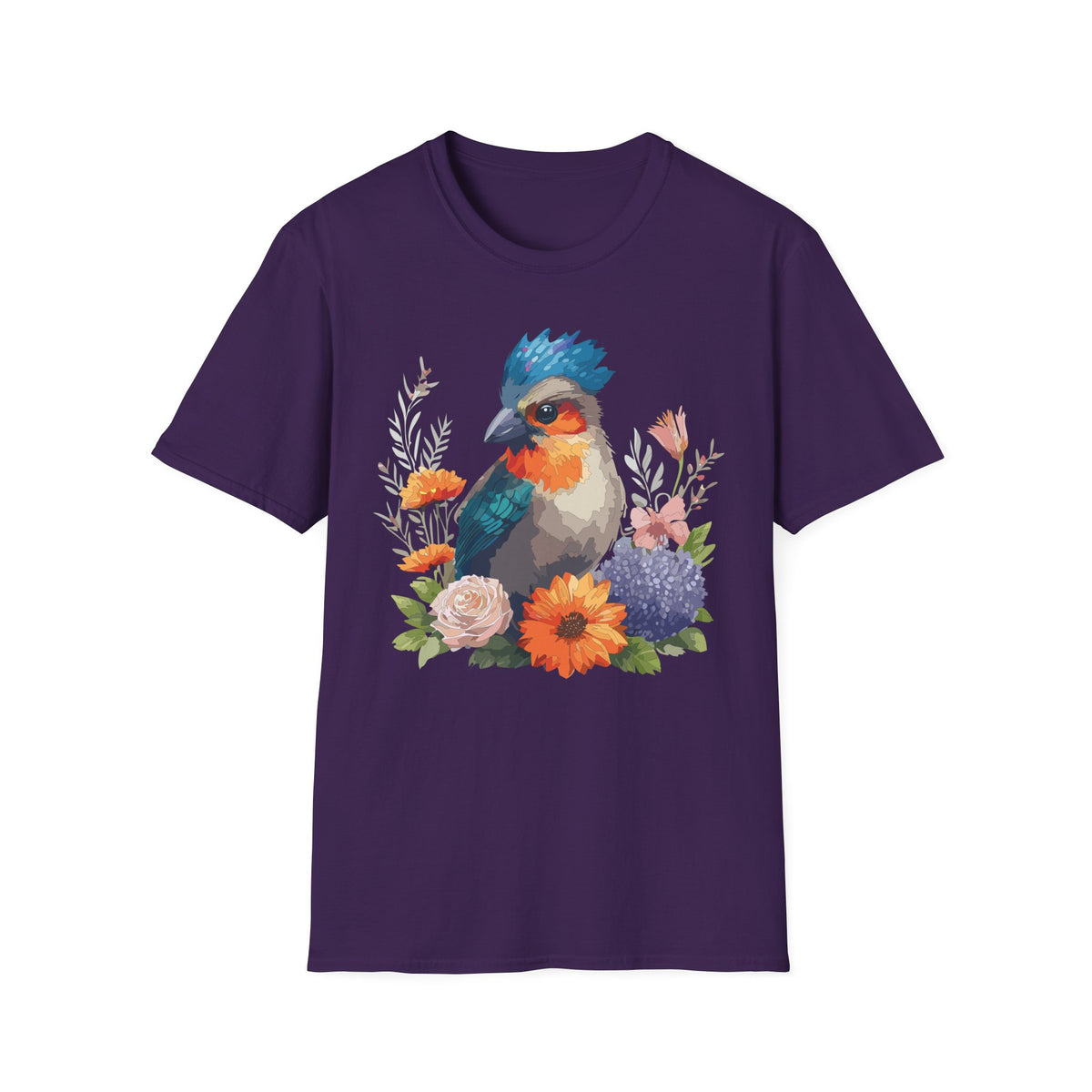 Colorful Crested Bird T-Shirt | Watercolor Floral Illustration