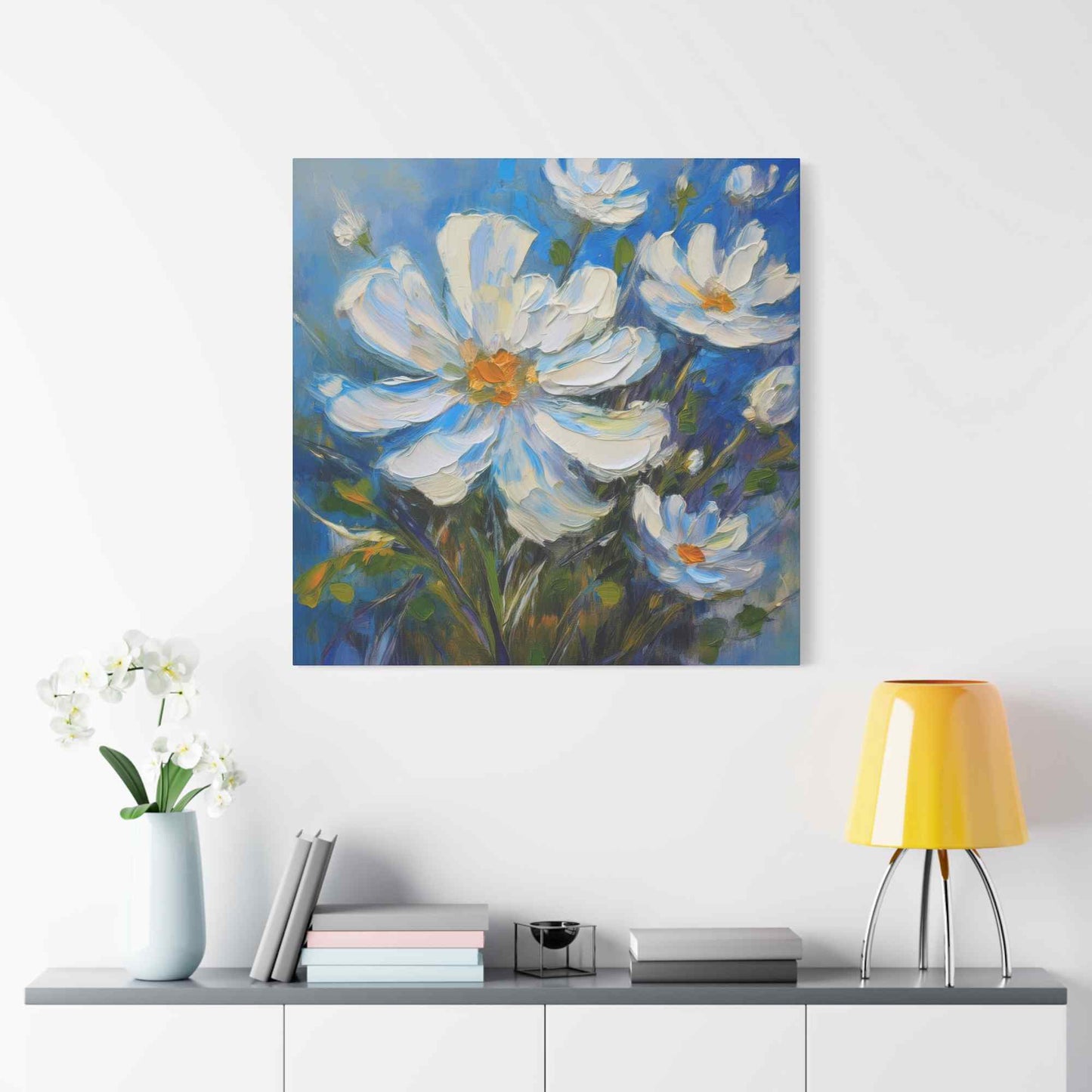 White Flowers Print Canvas, White Flowers Oil Paint Print 20x20, 24x24, 30x30, 32x32, 36x36, Art Design Print Non-Frame MC-7