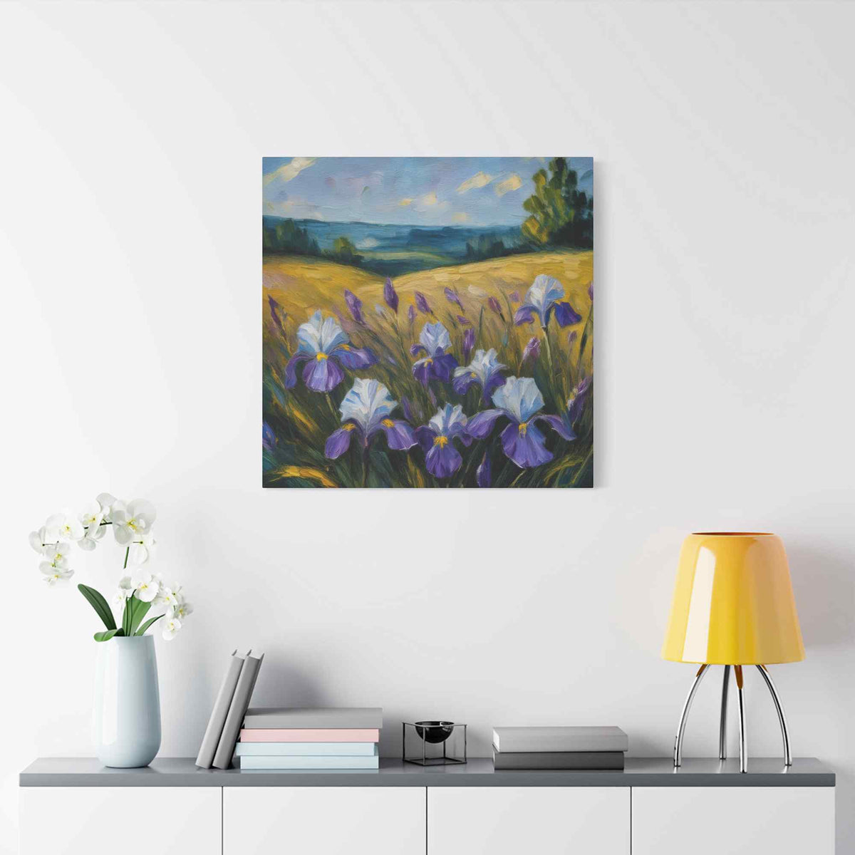 Irises Floral Print Canvas, Floral Oil Paint Print 20x20, 24x24, 30x30, 32x32, 36x36 Art Design Pine-Wood Inner Frame MC-181