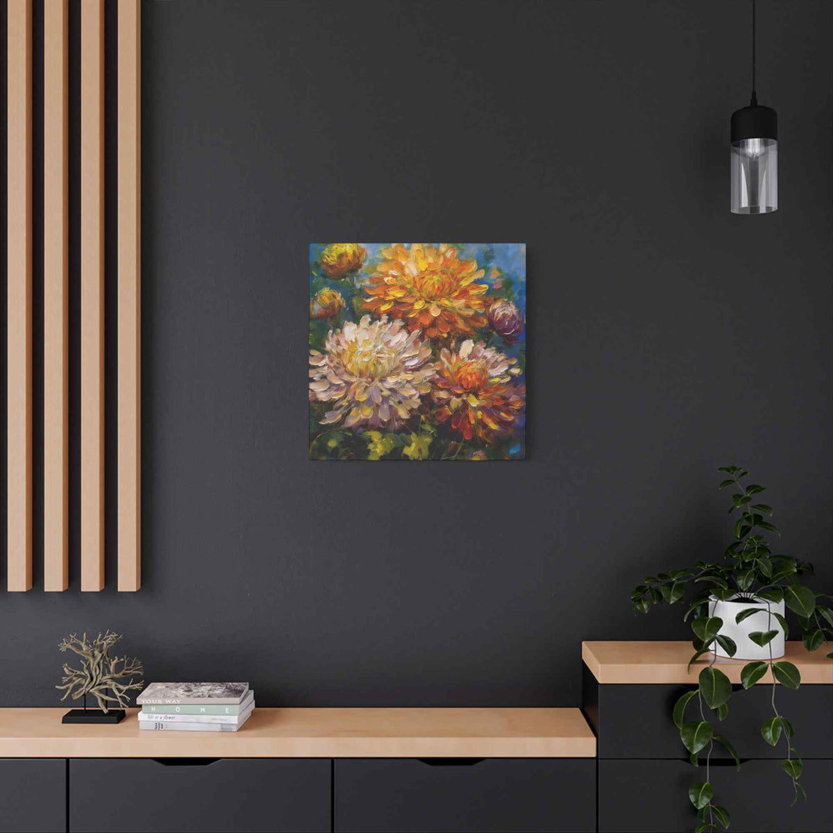 Chrysanthemums Print Canvas, Floral Oil Paint Print 20x20, 24x24, 30x30, 32x32, 36x36 Art Design Pine-Wood Inner Frame MC-156