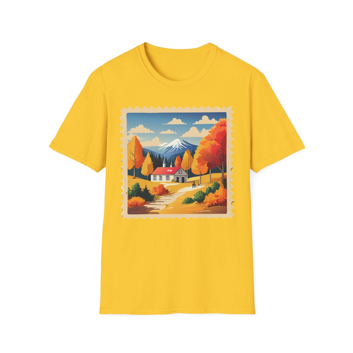 Autumn Mountain Cabin T-Shirt | Fall Landscape Stamp Art