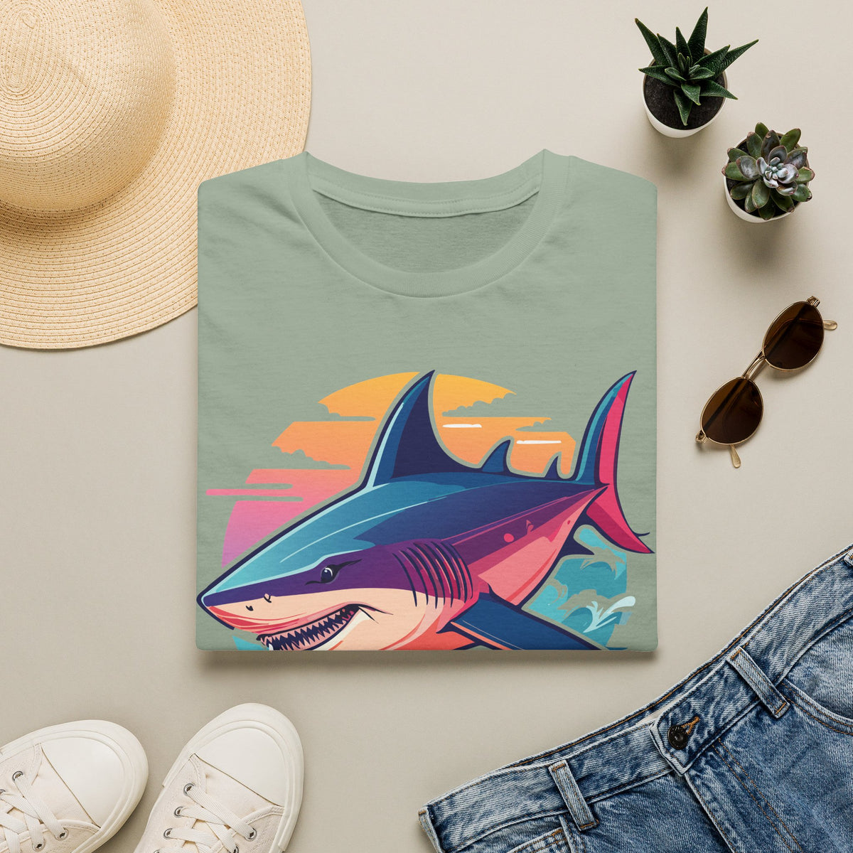 Sunset Shark Illustration T-Shirt | Retro Ocean Wave Tee
