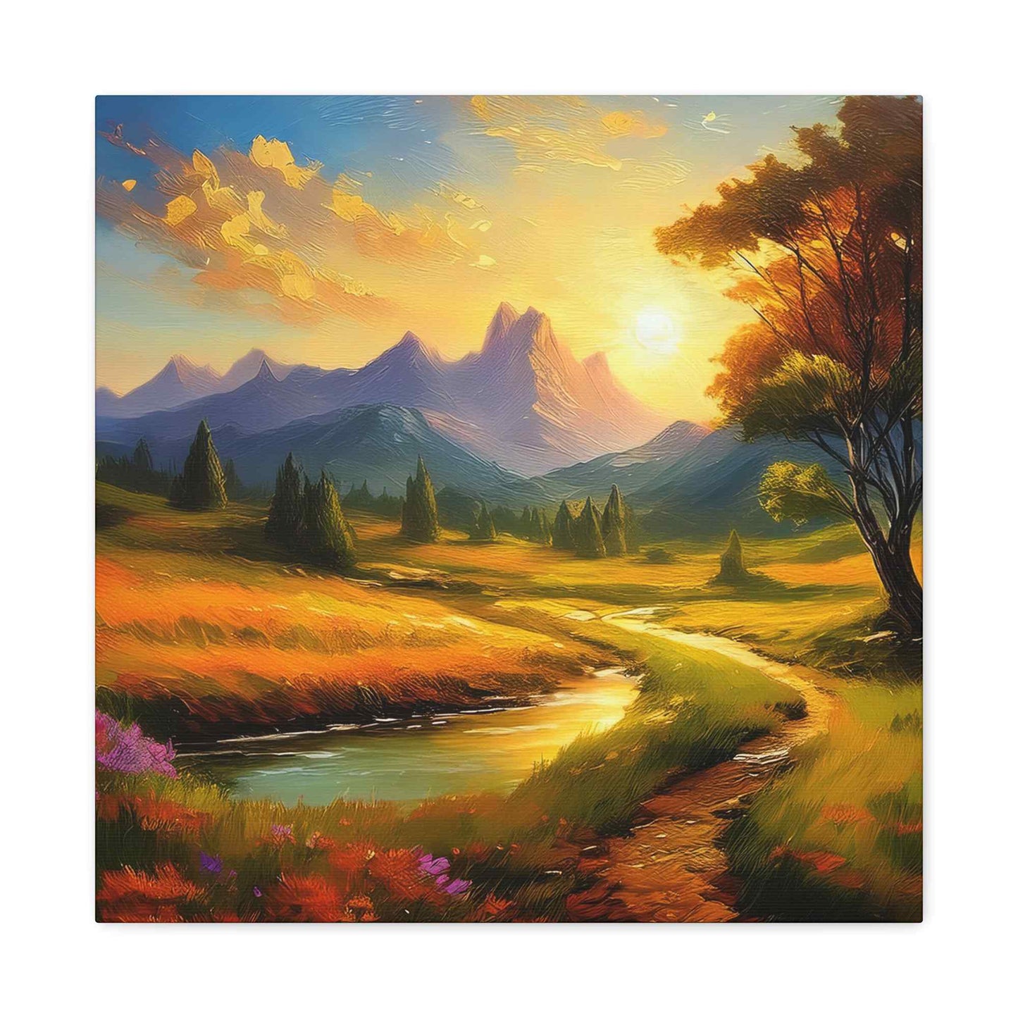 Landscape Print Canvas, Oil Paint Print 20x20, 24x24, 30x30, 32x32, 36x36 Art Design Print Pine-Wood Inner Frame MC-37