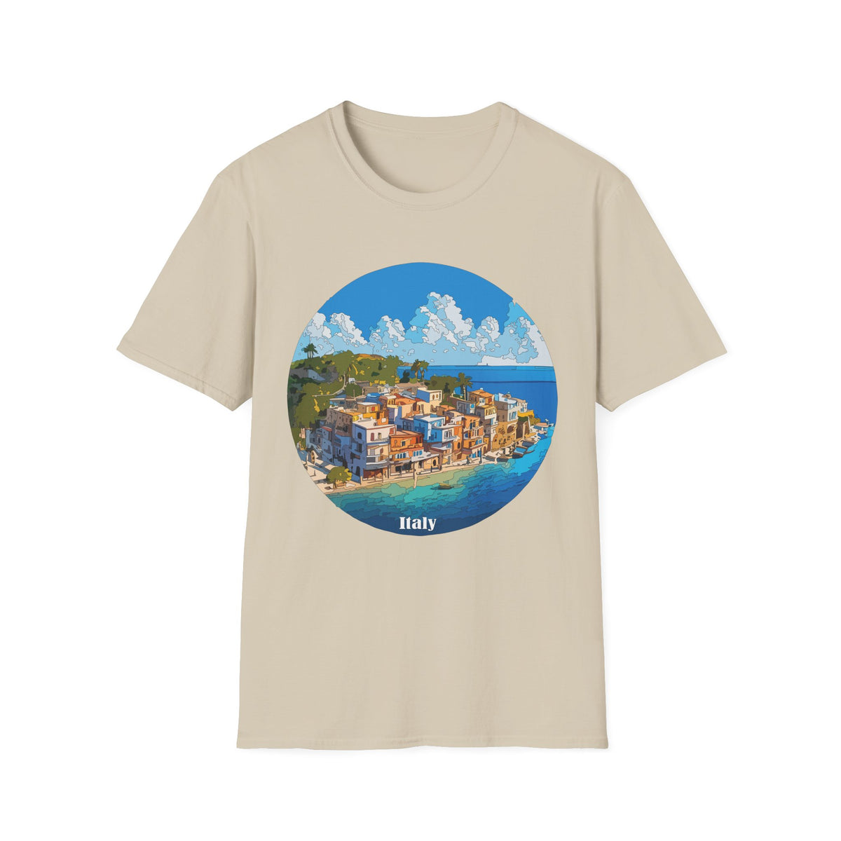 Coastal Italy Village Illustration T-Shirt | Mediterranean Seaside Graphic Tee