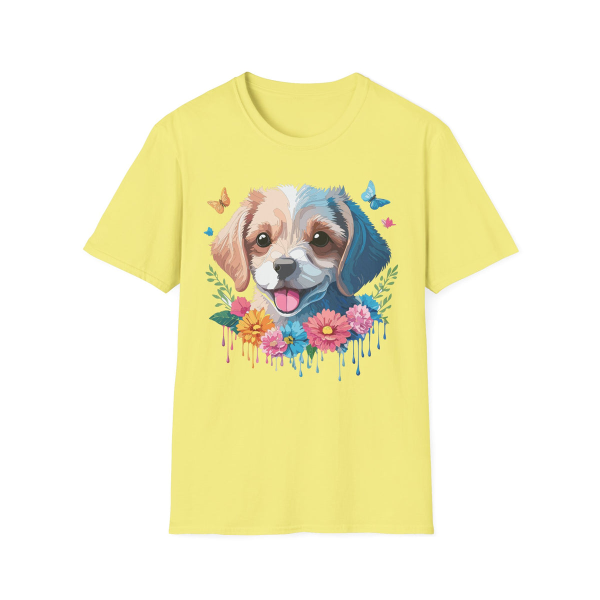 Happy Puppy Face T-Shirt | Cute Dog Portrait, Flowers & Butterflies