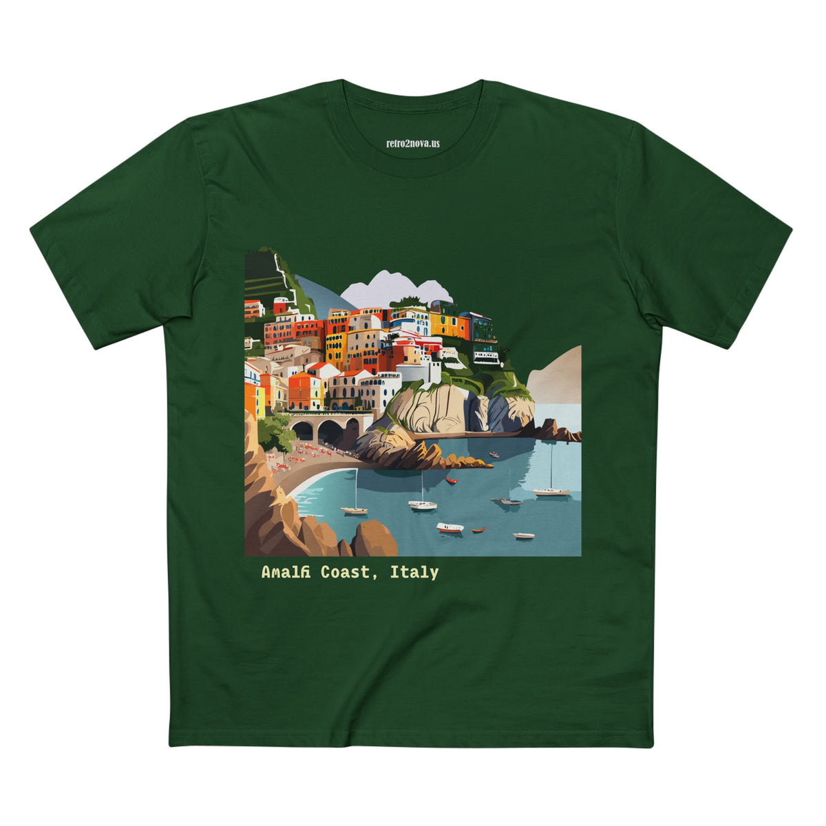 Amalfi Coast Italy illustration T-Shirt | Coastal village, sailboats, seaside print