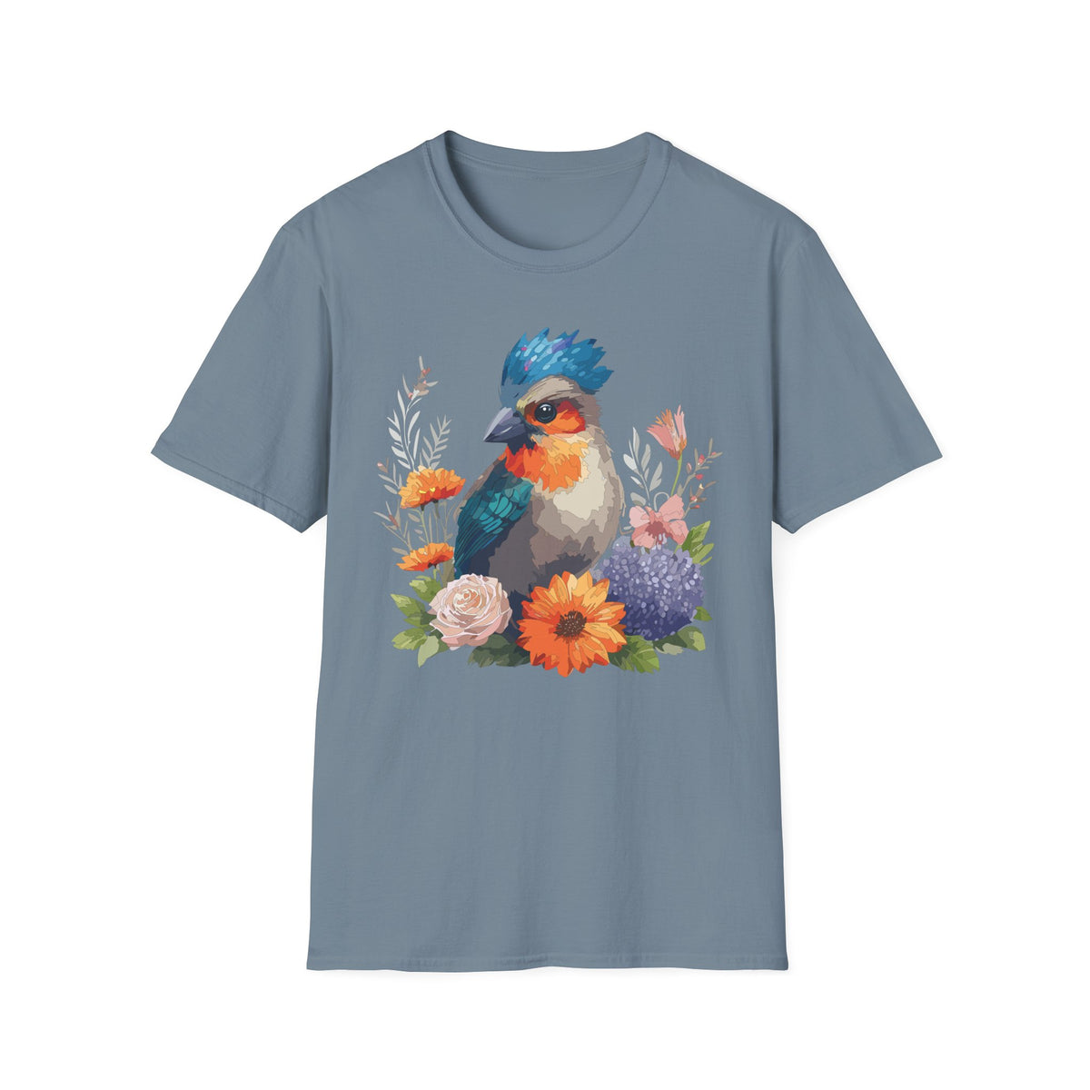 Colorful Crested Bird T-Shirt | Watercolor Floral Illustration