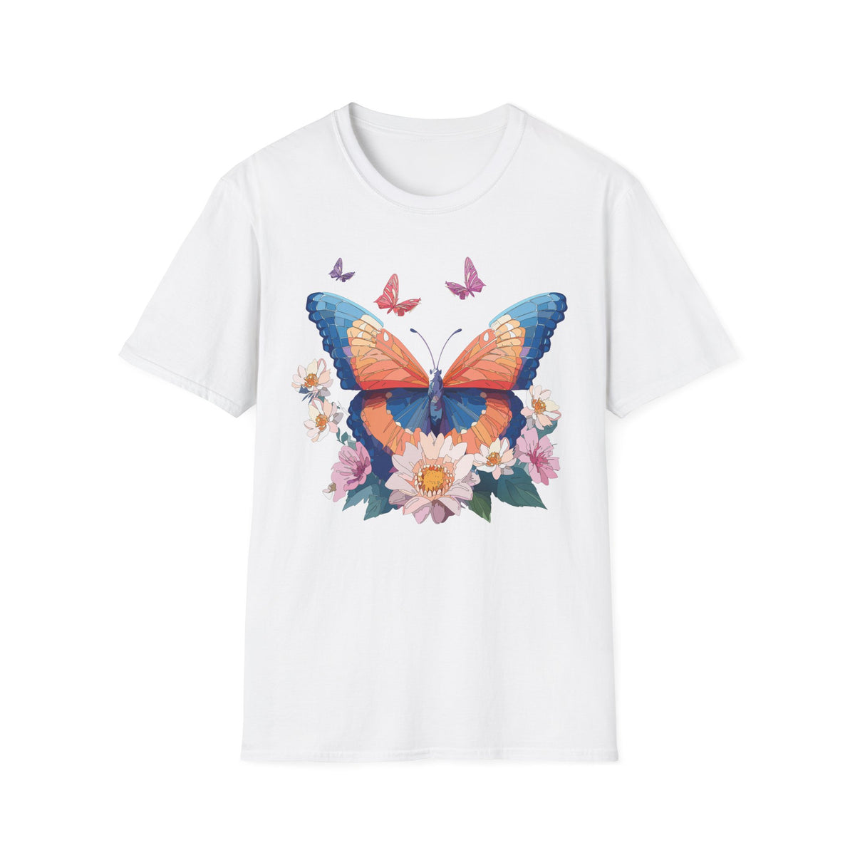 Butterfly Floral T-Shirt – Vibrant Orange & Blue Butterfly with Flowers Graphic Tee Unisex 100 Cotton Gildan T-Shirt