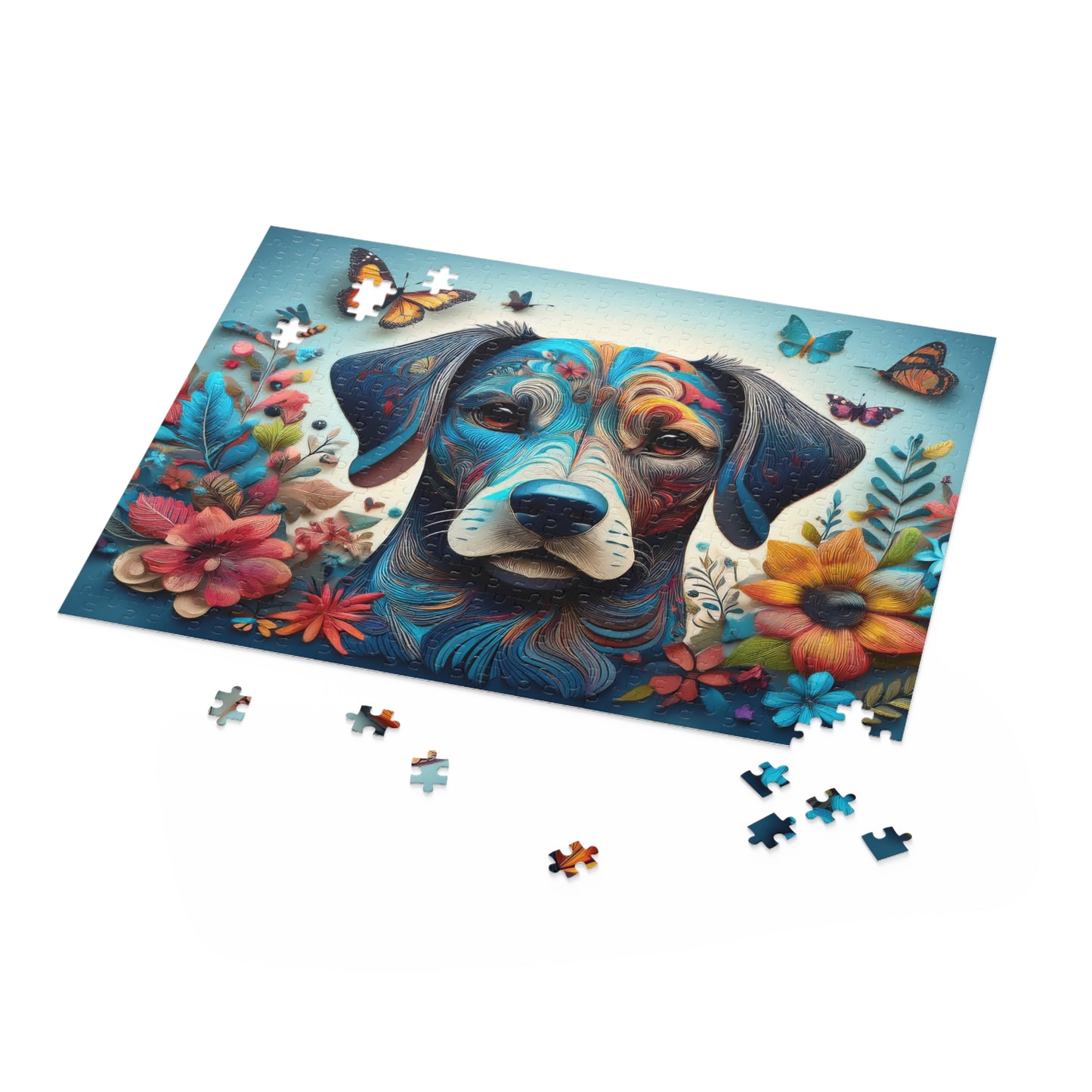 Cute Blue Dog Face Puzzle 500-Piece | Floral Dog Puzzle 500-Piece Ages 9+