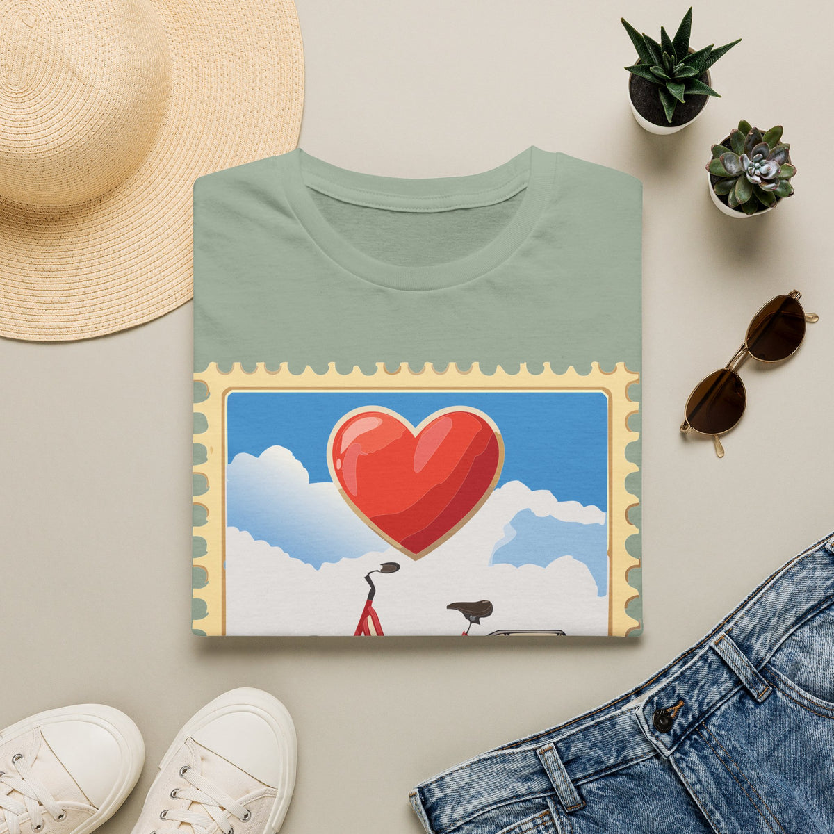Heart Balloon Bicycle T-Shirt | Retro Stamp Illustration