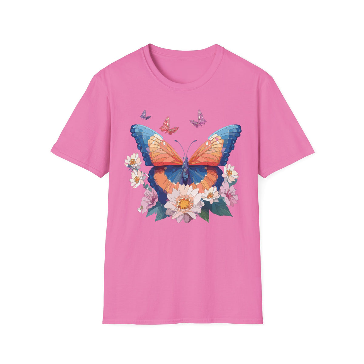 Butterfly Floral T-Shirt – Vibrant Orange & Blue Butterfly with Flowers Graphic Tee Unisex 100 Cotton Gildan T-Shirt