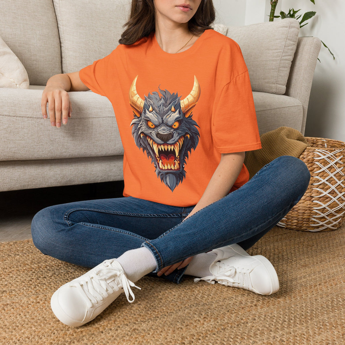 Demonic Beast Head T-Shirt — Horned Monster Cartoon Graphic Tee Unisex 100 Cotton Gildan T-Shirt