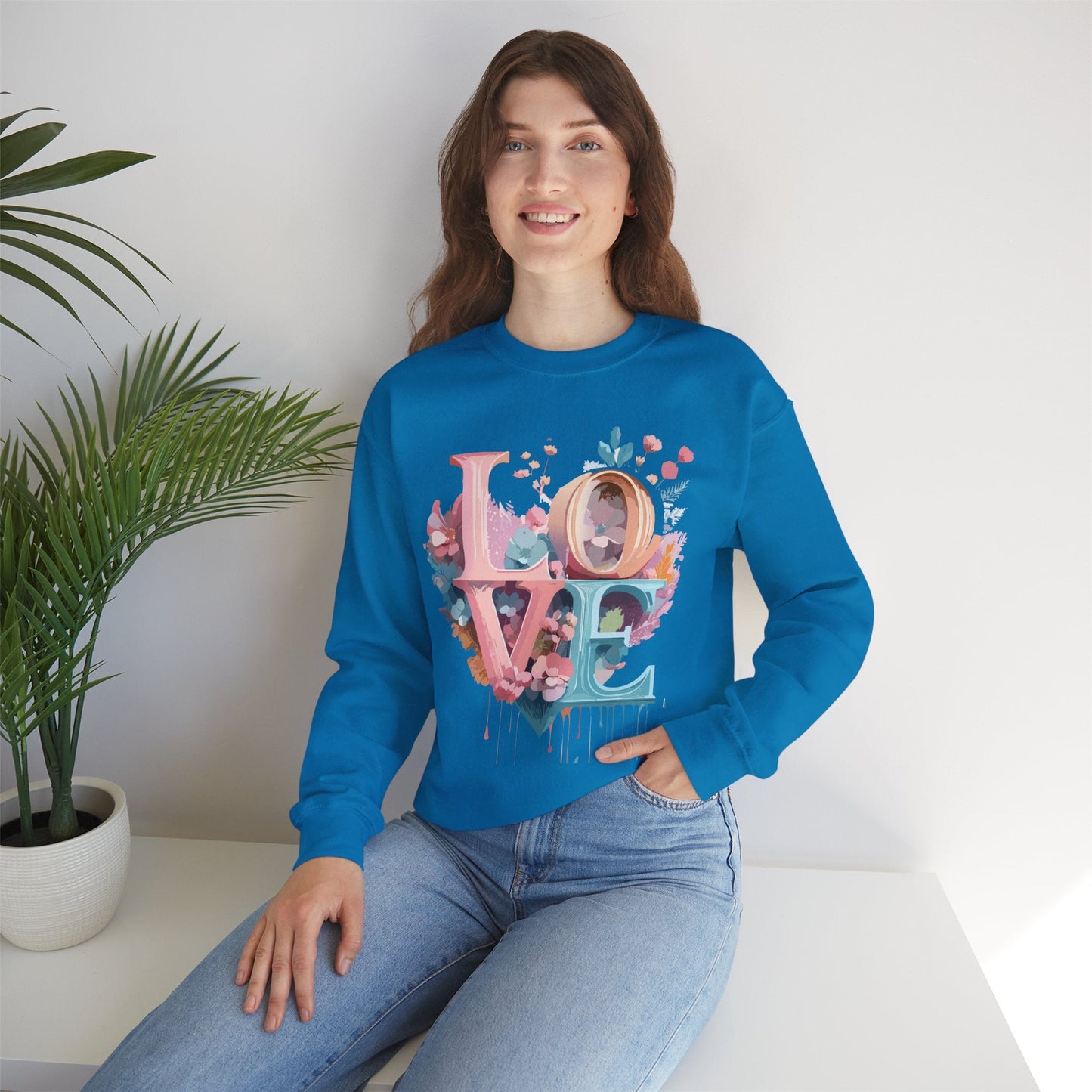 Floral Love Sweatshirt For Valentines Day Unisex Crewneck Fifty Fifty Cotton Polyester