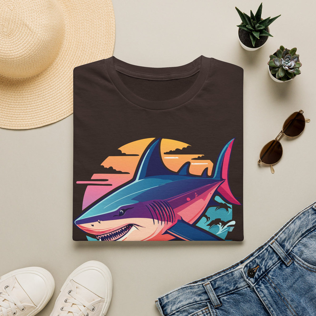 Sunset Shark Illustration T-Shirt | Retro Ocean Wave Tee