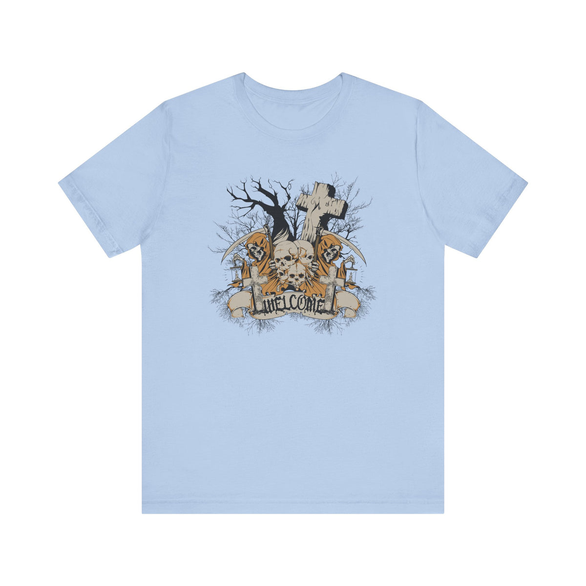 Skull Graveyard Welcome Tee Halloween Haunted Tree Cross Tombstone Unisex Cotton Art-50