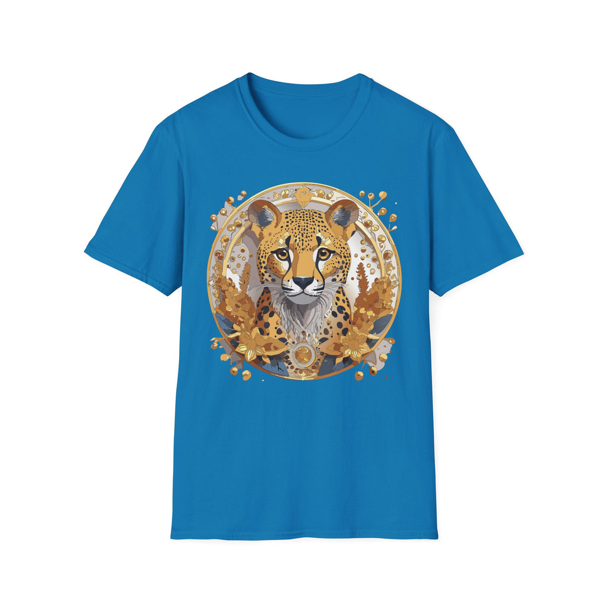 Golden Cheetah Face T-Shirt | Floral Accent, Boho Circle Design