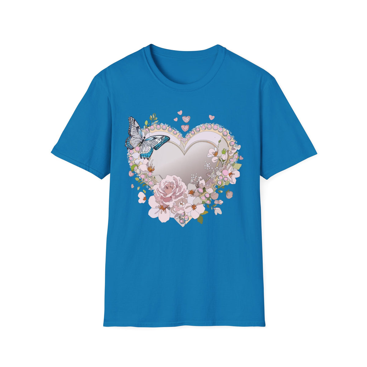 Floral Heart with Butterfly T-Shirt | Romantic Pastel Garden Graphic Tee Unisex 100 Cotton Gildan T-Shirt