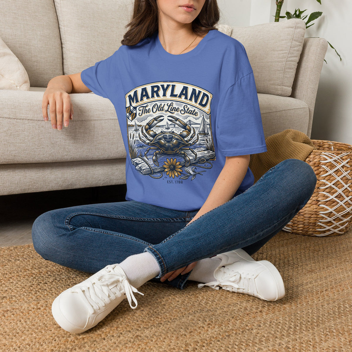 Maryland The Old Line State T-Shirt — Blue Crab Chesapeake Vintage Travel Tourist Graphic Design Unisex 100 Cotton Gildan T-Shirt