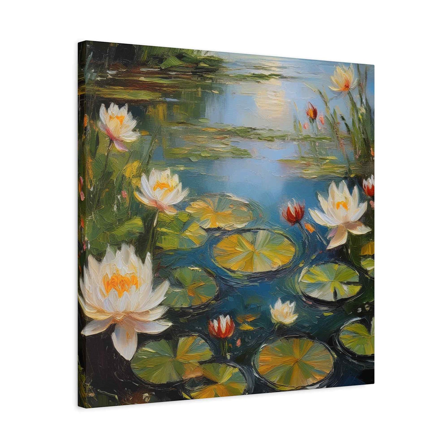 Water Lilies Print Canvas, Oil Paint Print 20x20, 24x24, 30x30, 32x32, 36x36 Floral Art Print Pine-Wood Inner Frame MC-64