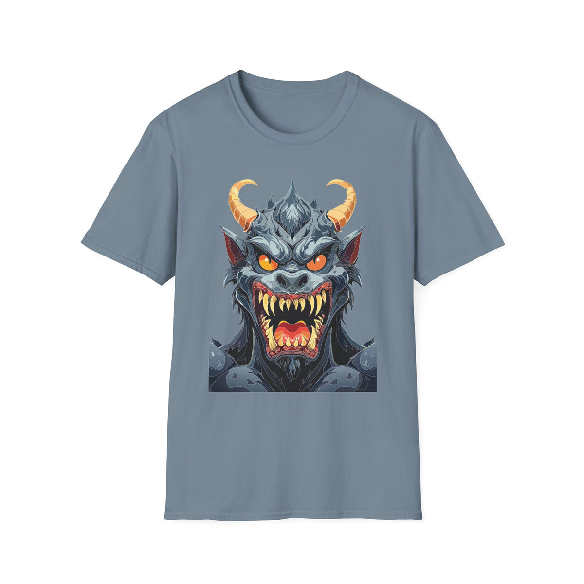 Demonic Monster Face T-Shirt — Fierce Horned Demon Cartoon Graphic Tee Unisex 100 Cotton Gildan T-Shirt