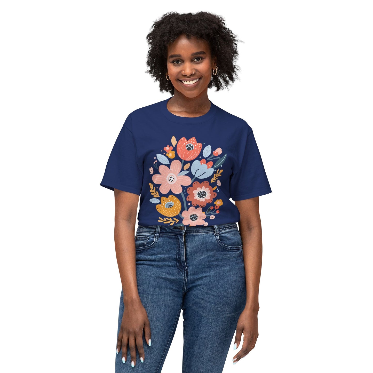 Unisex Floral Art T Shirt with Vintage Flowers Print One Hundred Percent Cotton Tee Printed In USA