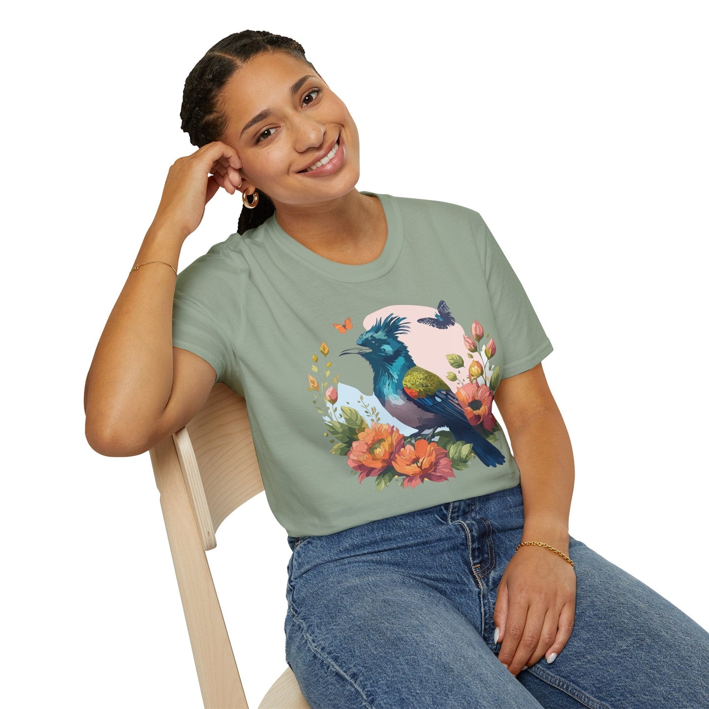 Floral Bird T Shirt Unisex Tee 100 Percent Ring Spun Cotton Softstyle Gildan 64000 Comfort Fit