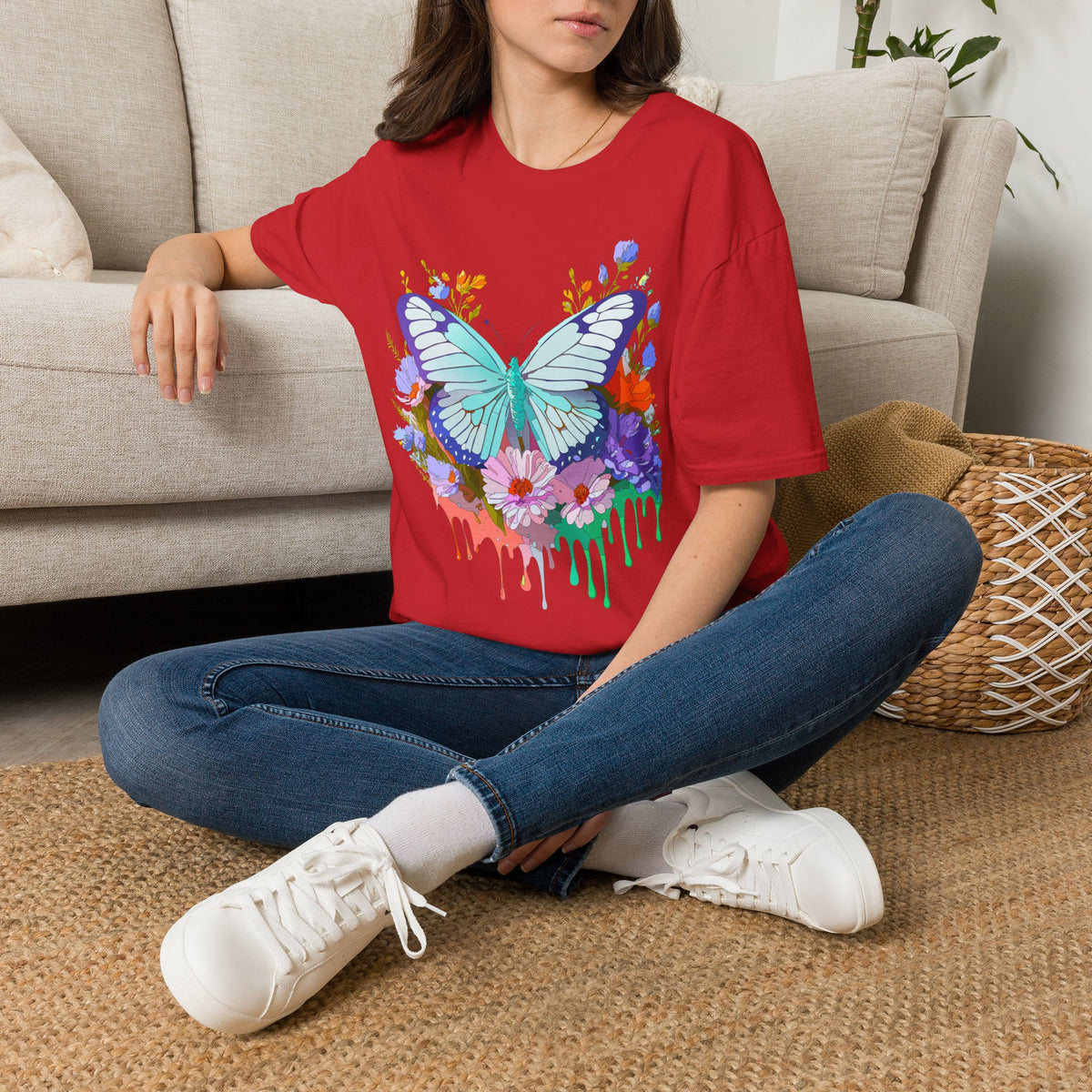 Butterfly Floral Drip T-Shirt — Teal Butterfly with Watercolor Flowers Graphic Tee Unisex 100 Cotton Gildan T-Shirt