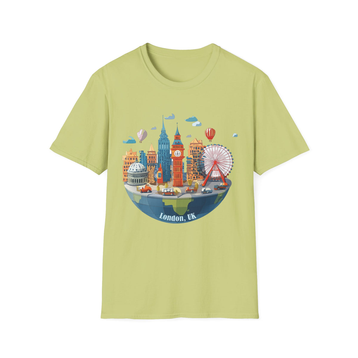 London Skyline Illustration T-Shirt | Big Ben, London Eye, Hot Air Balloons