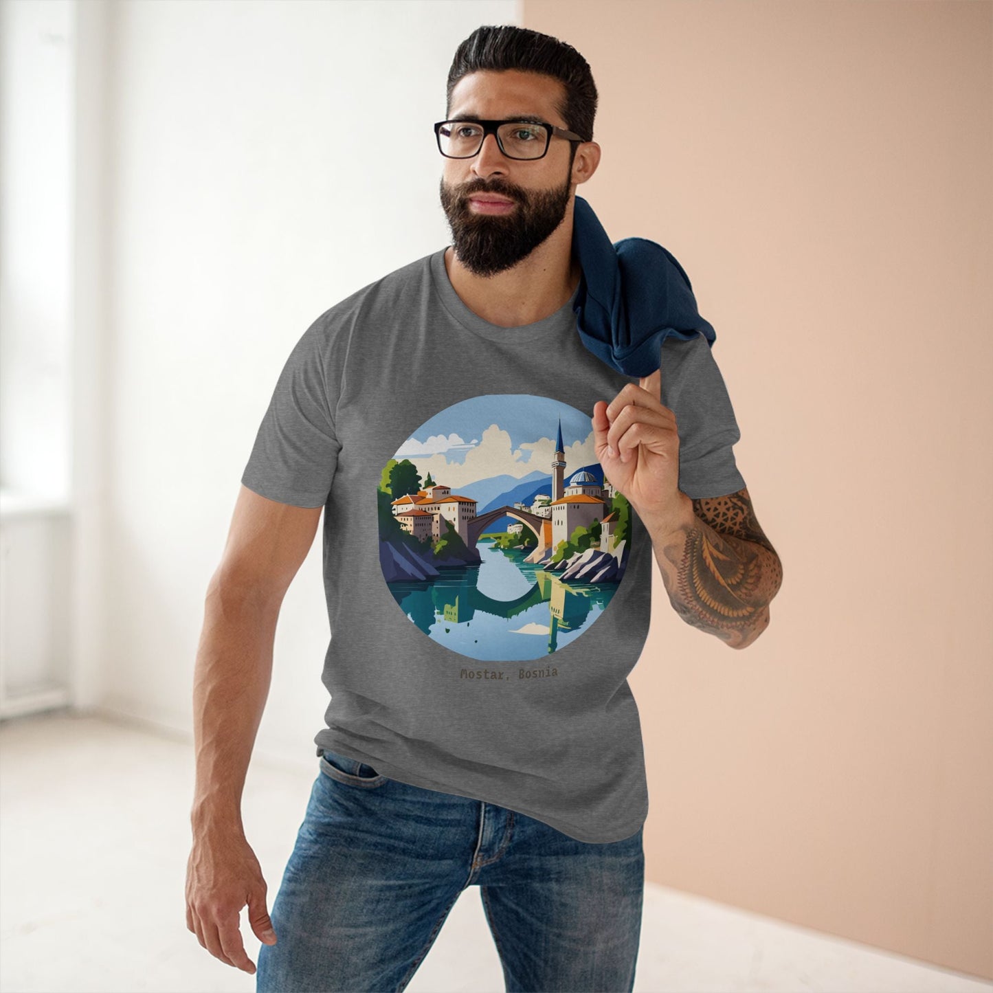 Unisex Premium Cotton Tee With Original Art Design Retro2Nova Travel And Bosnia Theme Shirt