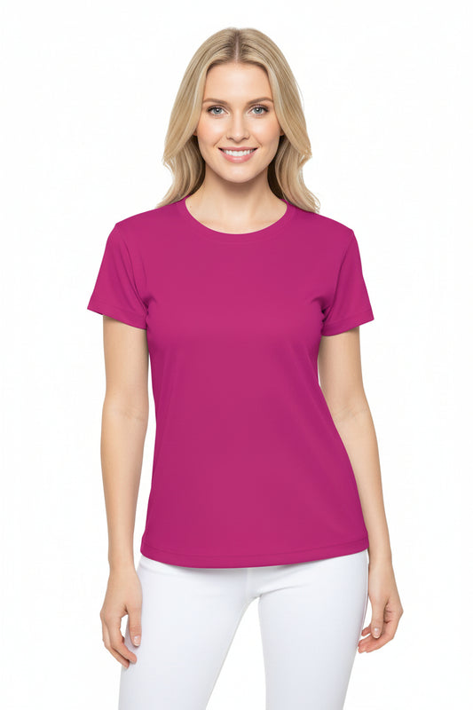Hot Rose Pink Women's Sports Jersey Short Sleeves 100% Poly Solid Bright Pink Color Print Athletic Tee