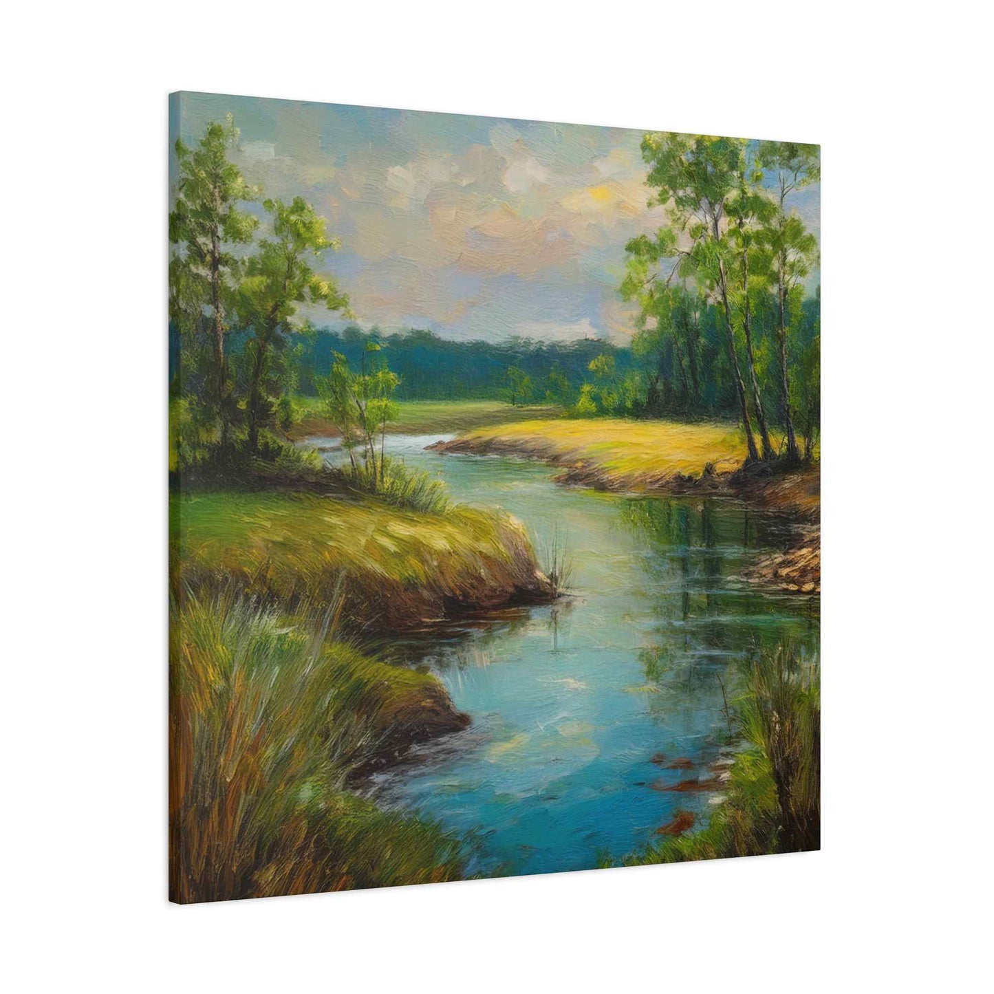 River Print Canvas, Landscape Oil Paint Print 20x20, 24x24, 30x30, 32x32, 36x36 Art Design Print Pine-Wood Inner Frame MC-55