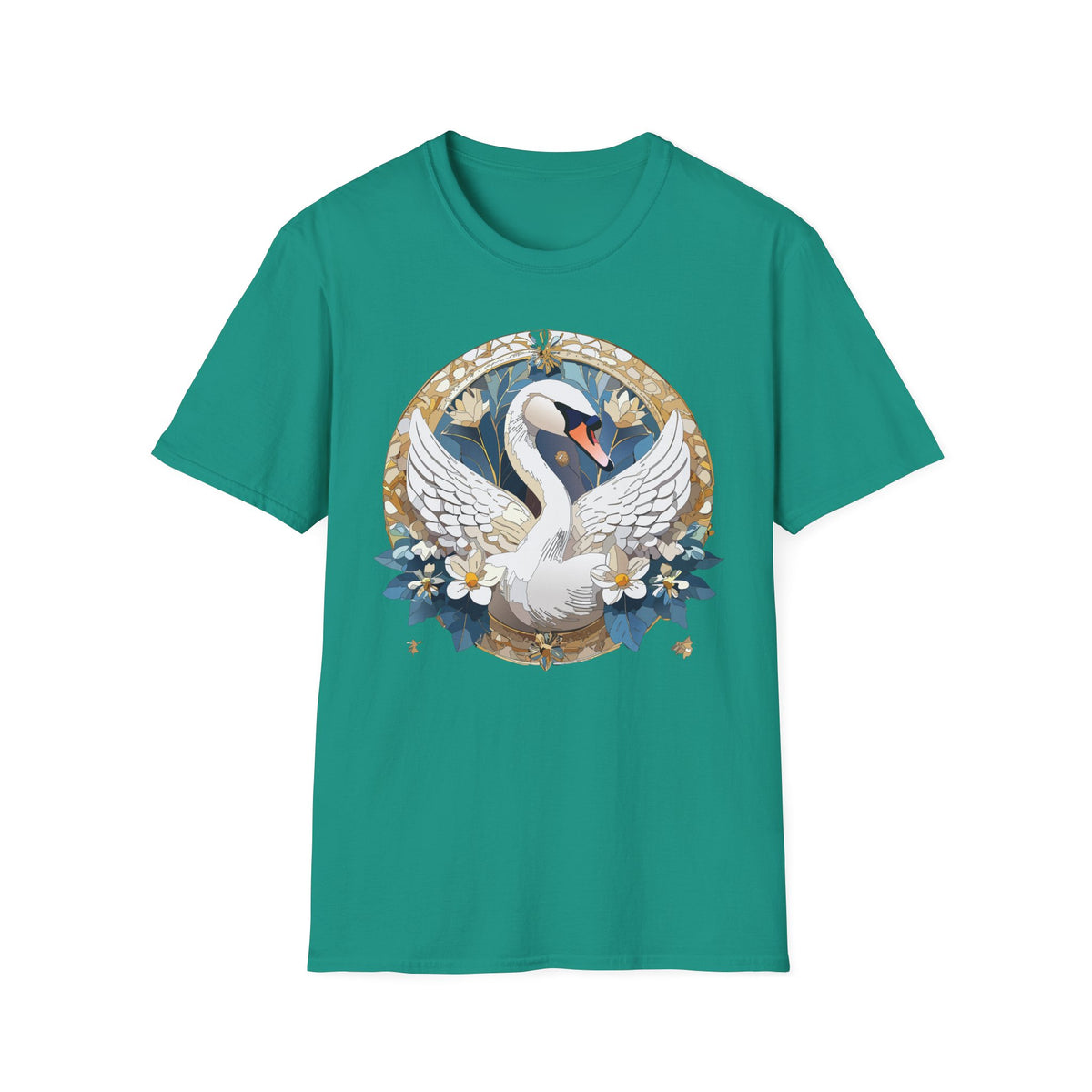 Art Nouveau Swan Illustration T-Shirt | Floral Circle Design