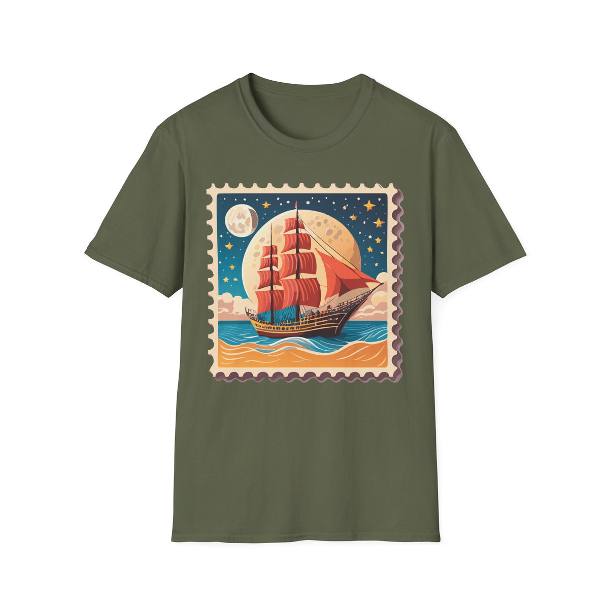 Vintage Sailing Ship Stamp T-Shirt | Retro Moonlit Ocean Illustration