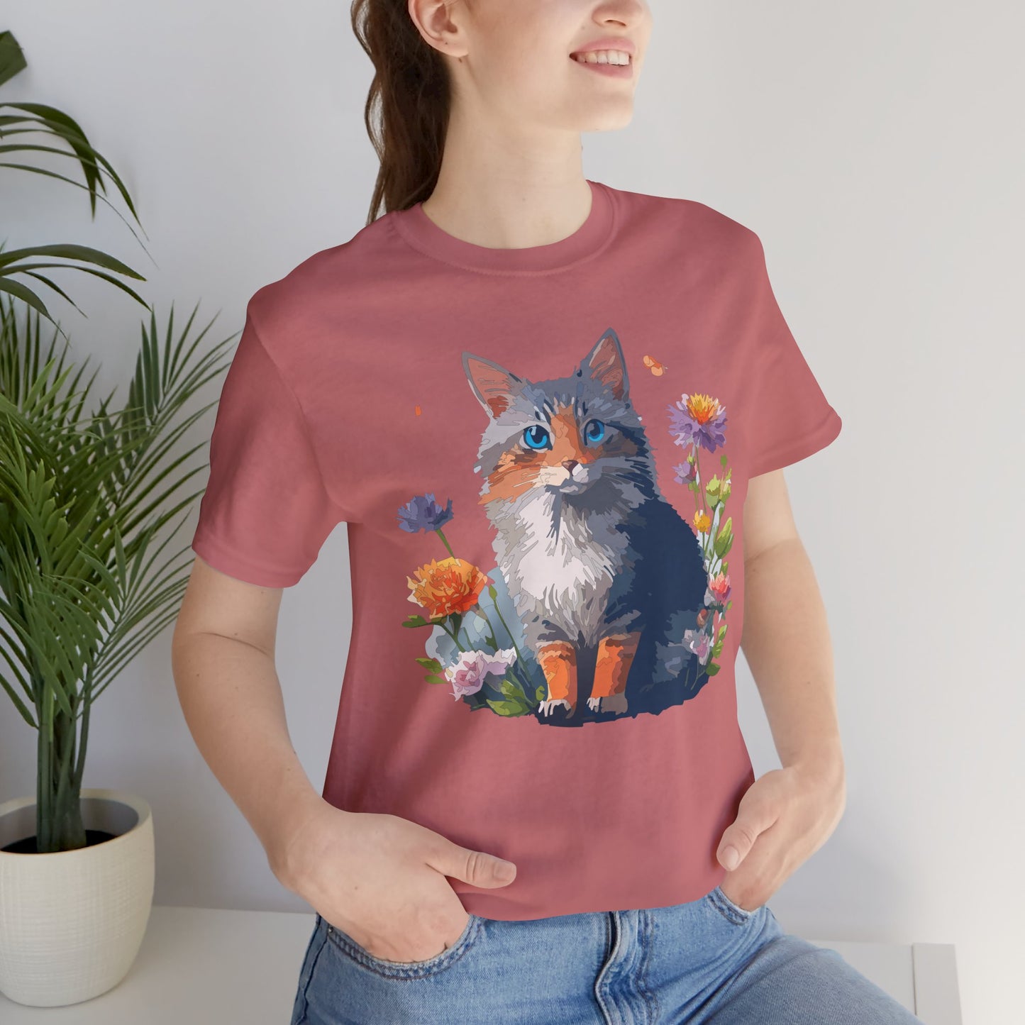 Floral Cat Tee, Animal Shirt, Cat Shirt, Floral Tee, Flower T-shirt, T-Shirt with Animal, Summer Top with Art Design