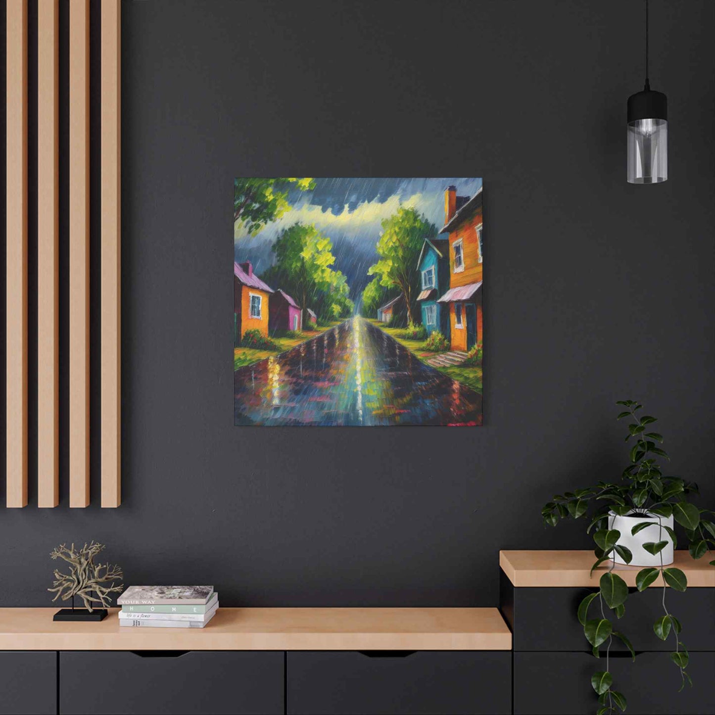 Rainy Village Street Canvas, Matte Oil Paint Print 20x20, 24x24, 30x30, 32x32, 36x36, Art Design Print Non-Frame MC-2