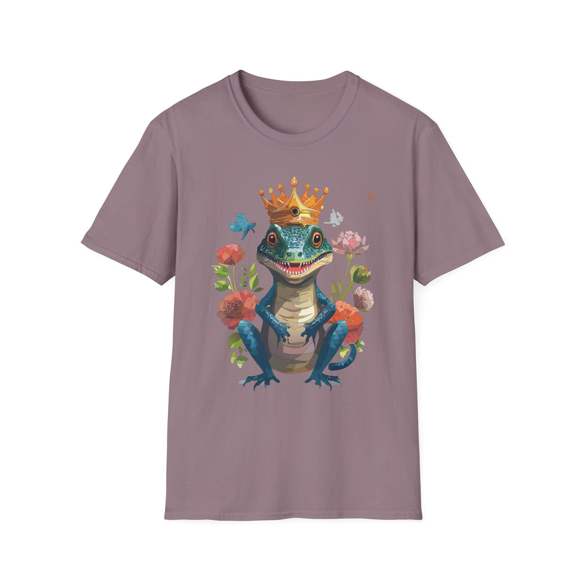 Crowned Lizard Illustration T-Shirt | Regal Gecko with Flowers