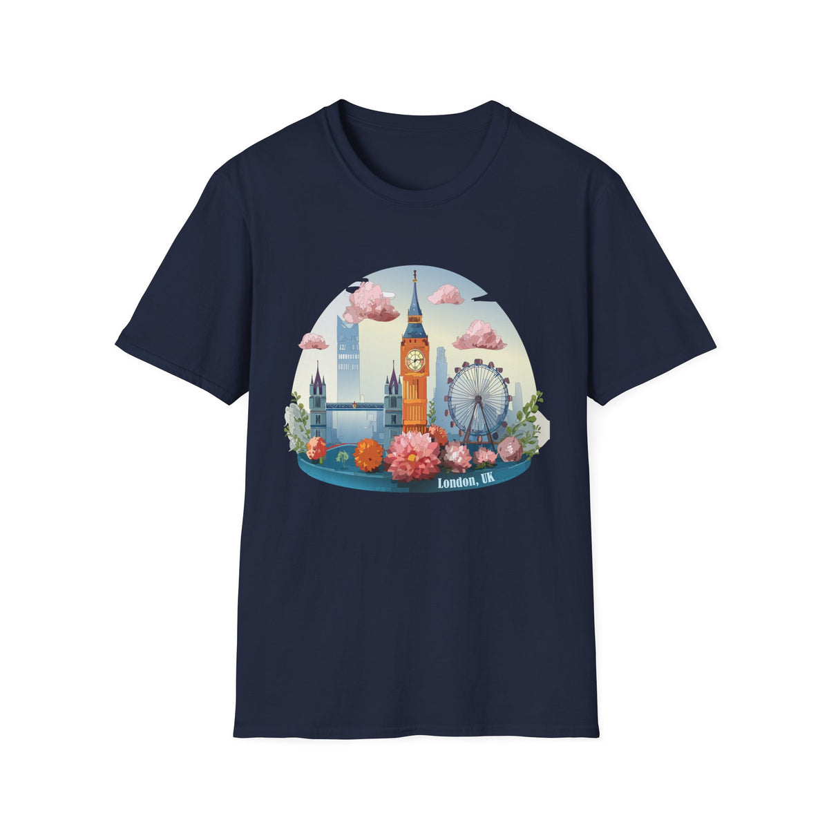 Whimsical London Skyline T-Shirt | Big Ben, London Eye, pastel clouds
