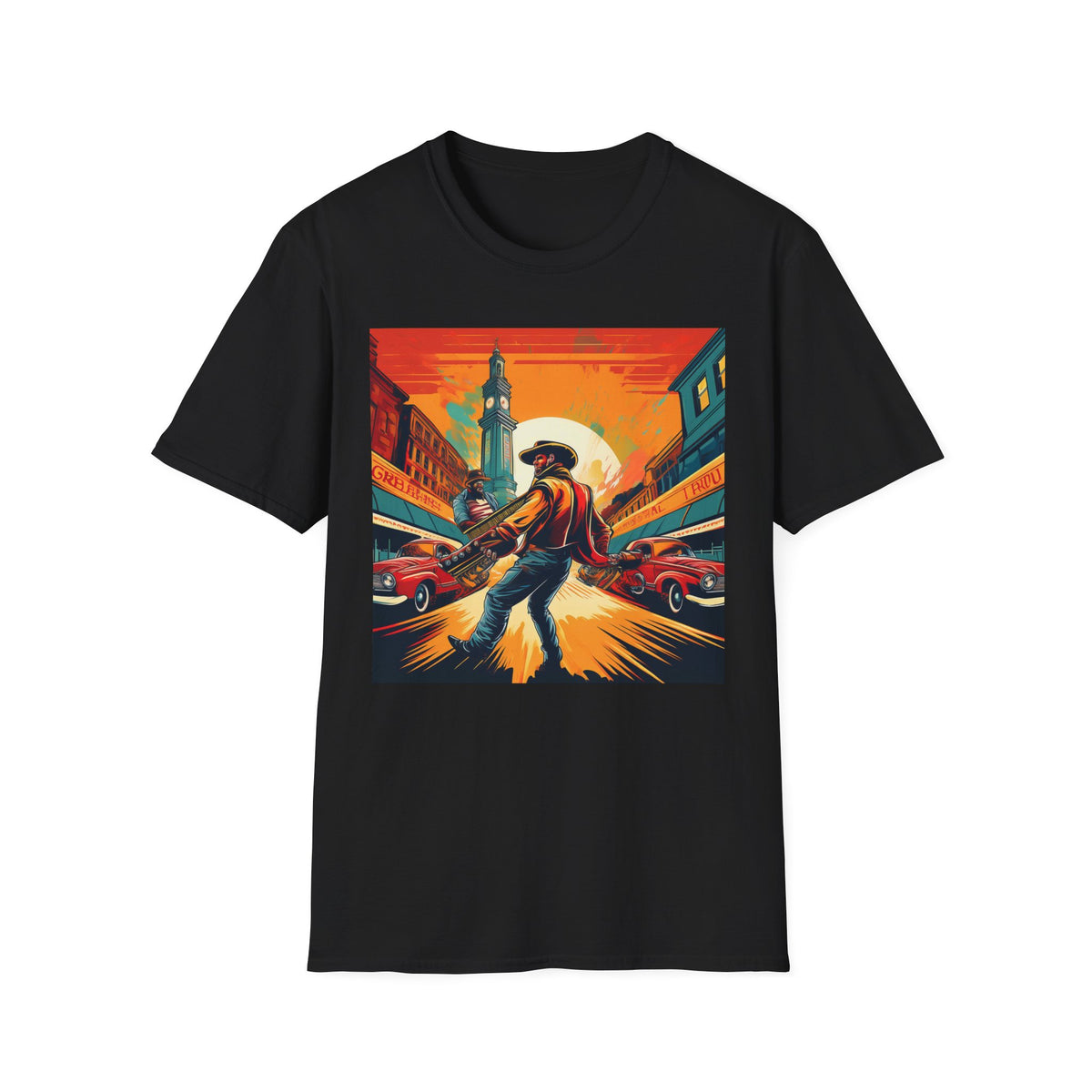 Cowboy Sunset illustration T-Shirt | Western scene, vintage poster Graphic Tee Unisex 100 Cotton Gildan T-Shirt