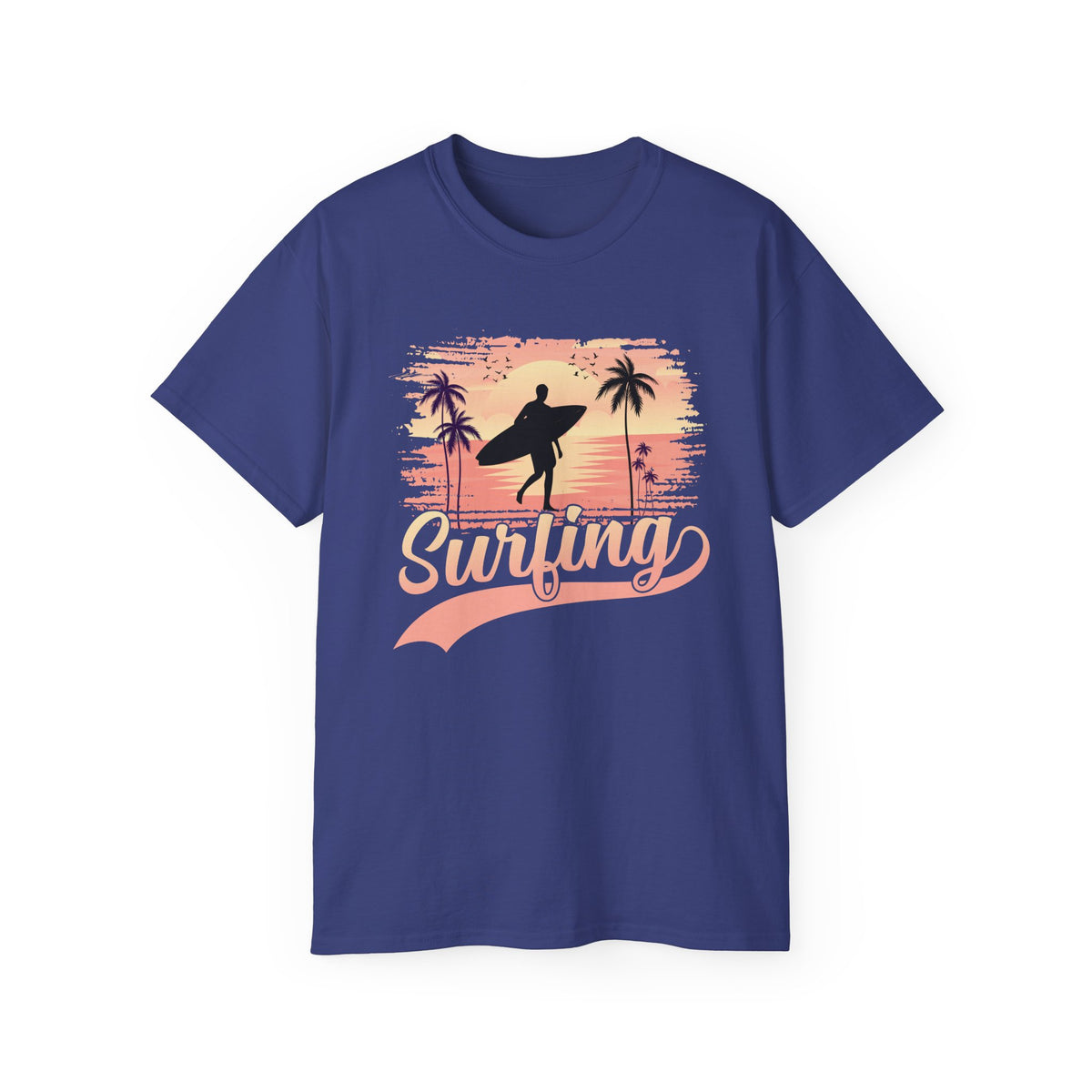Surfing Silhouette Sunset T-Shirt | Palm Trees, Retro Wave Graphic