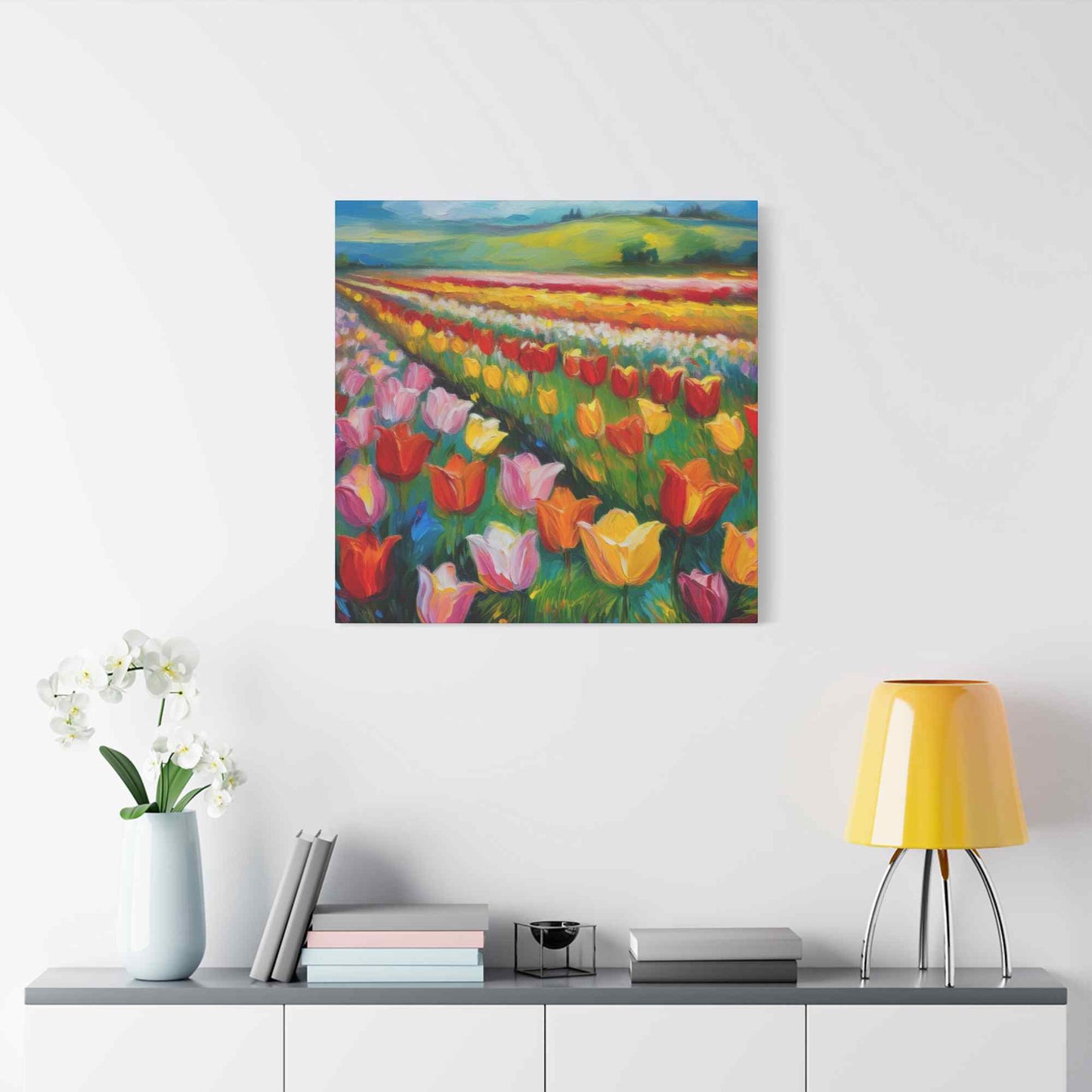 Tulips Fields Print Canvas, Floral Oil Paint Print 20x20, 24x24, 30x30, 32x32, 36x36 Art Design Pine-Wood Inner Frame MC-147