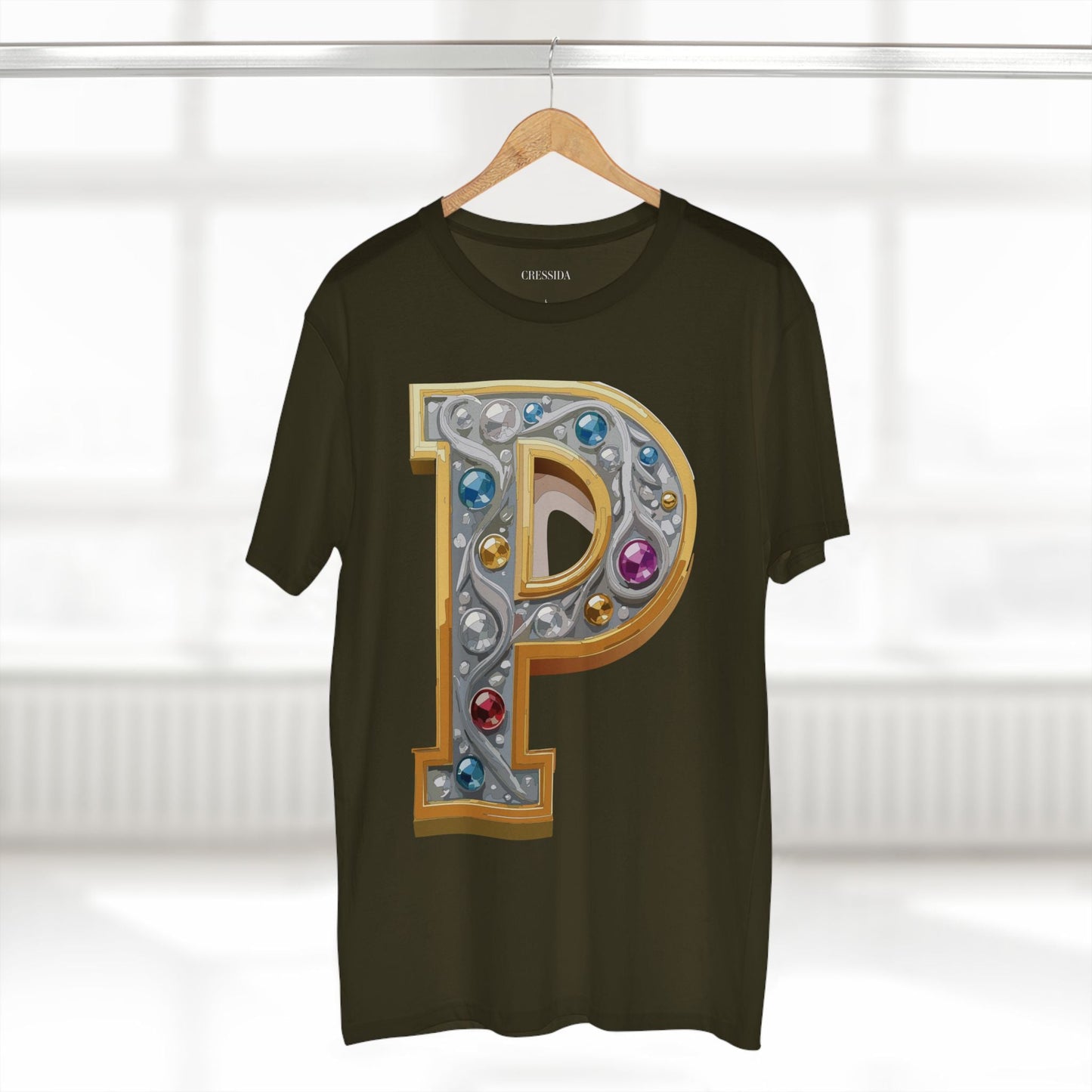 Letter P Graphic Design Tee Unisex 100 Cotton With Antique Gold Letters Artwork T-Shirt