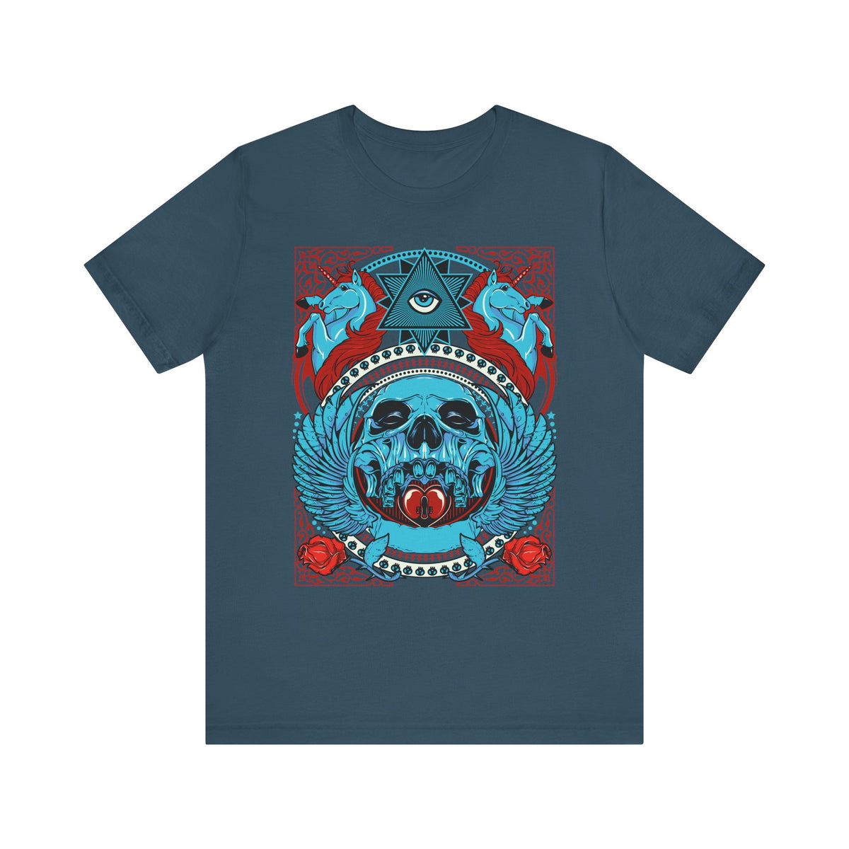 All-Seeing Skull Illustration Tee Winged Skull Third Eye Roses T-Shirt