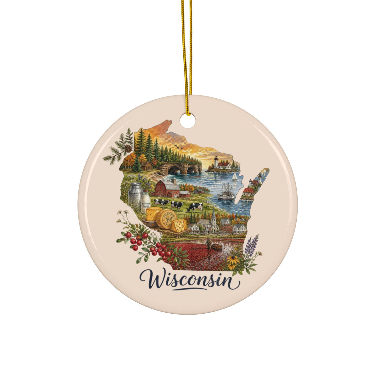 Wisconsin State Map Illustration Ornament | Ceramic Round Ornament - 2.99" Includes Gold String