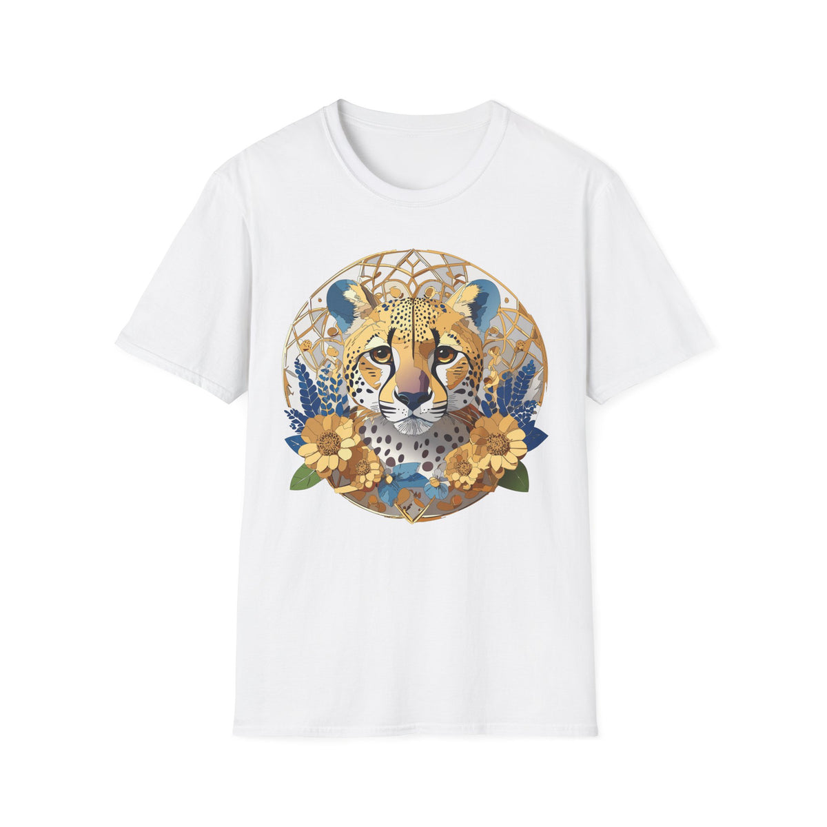 Golden Cheetah Mandala T-Shirt | Floral Boho Animal Illustration