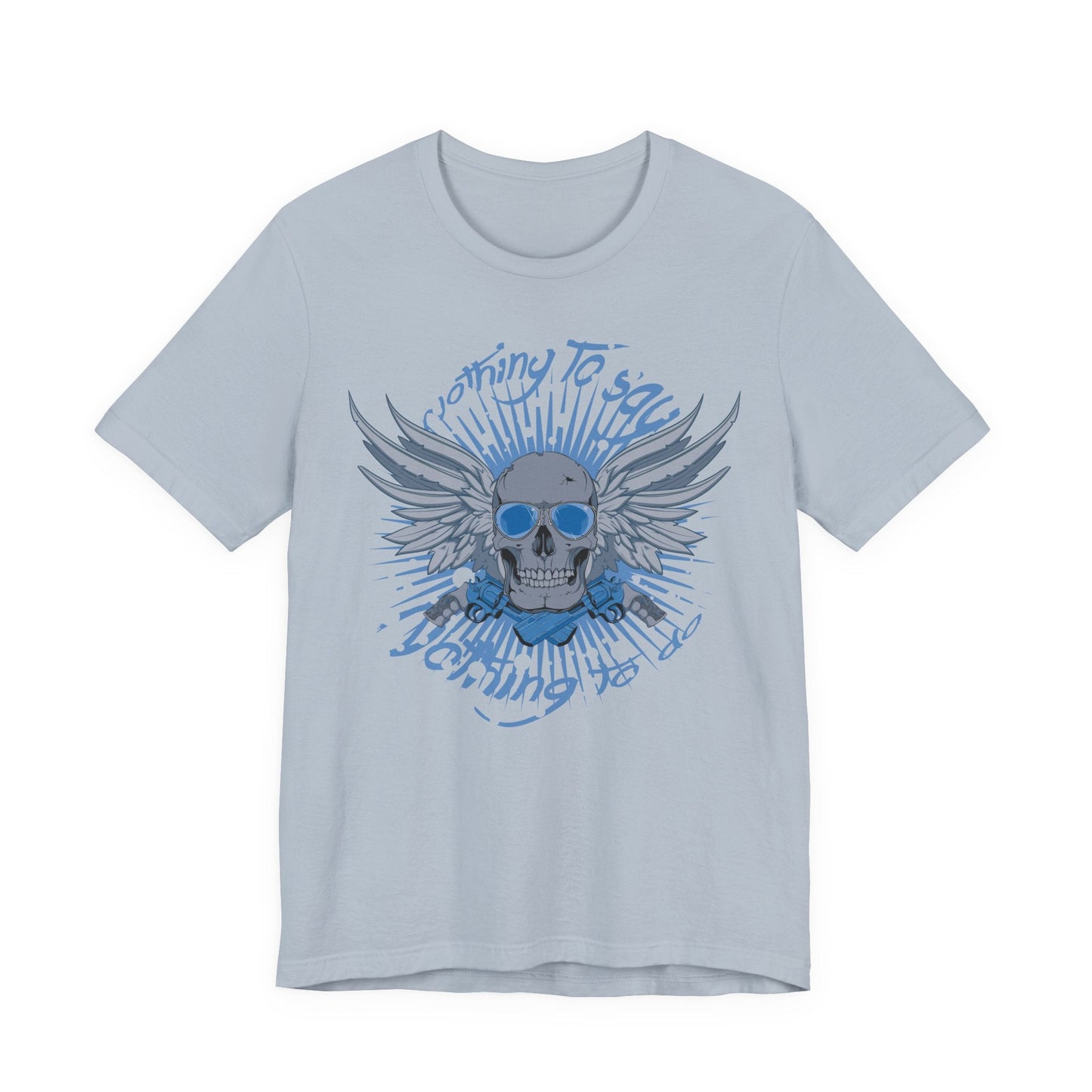 Winged Skull Graphic Tee | Blue Skull with Wings, Radiant Burst