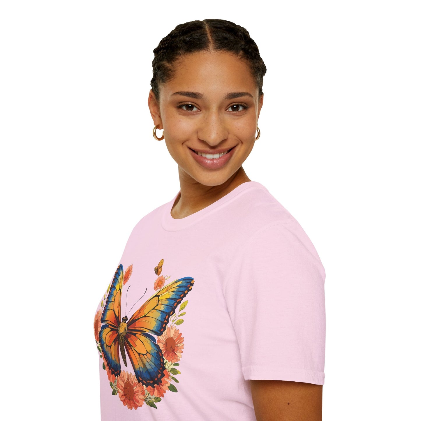 Butterfly T Shirt Unisex Softstyle Gildan 64000 Monarch Print 100 Percent Ring Spun Cotton