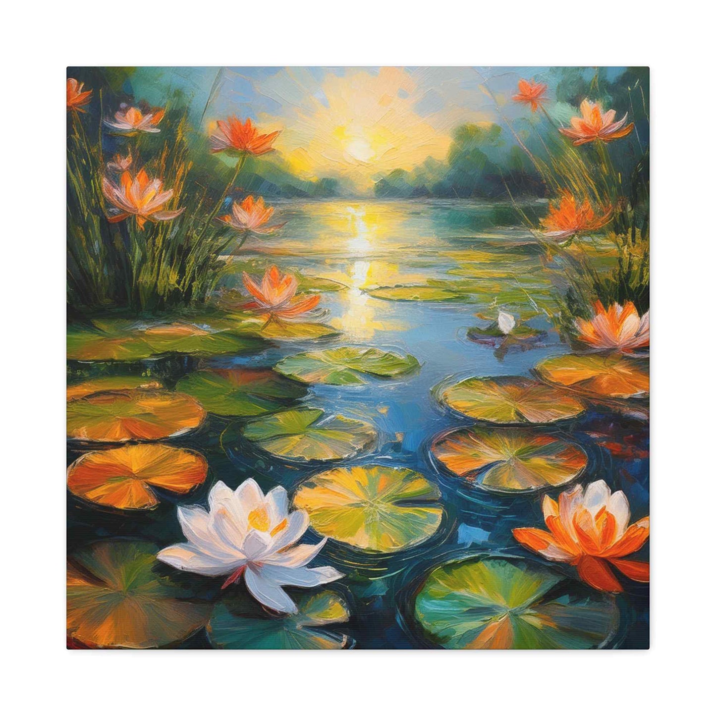 Water Lilies Print Canvas, Oil Paint Print 20x20, 24x24, 30x30, 32x32, 36x36 Art Design Print Pine-Wood Inner Frame MC-63
