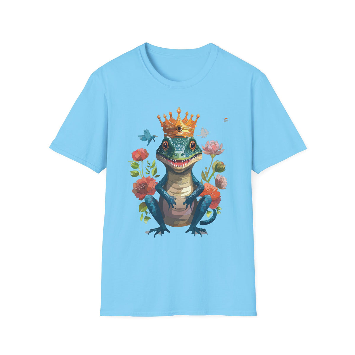Crowned Lizard Illustration T-Shirt | Regal Gecko with Flowers